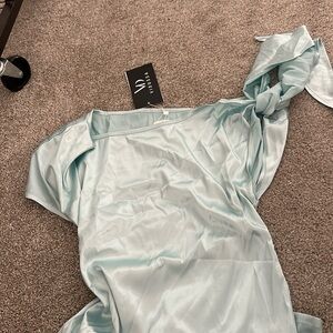 Blue silk shoulder tie top